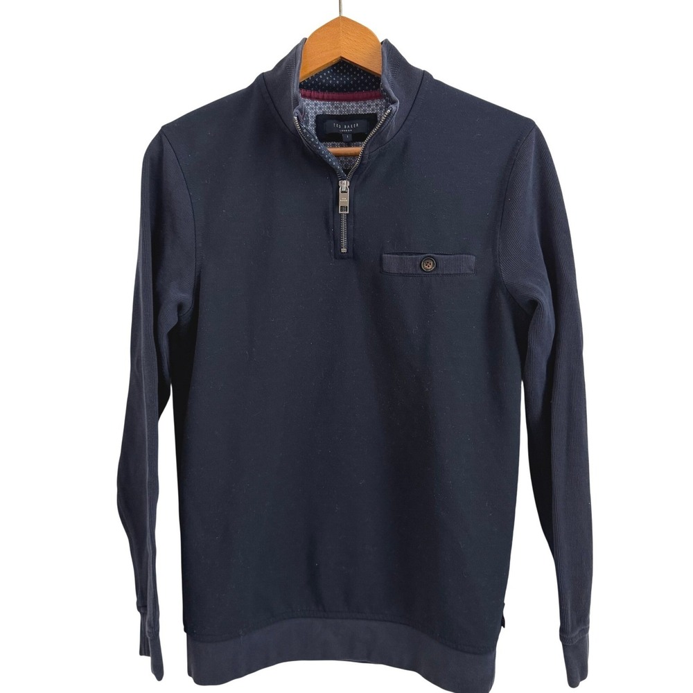 Ted Baker London‎ Mens Small  Navy Blue Quarter Zip Long Sleeve Pullover Shirt